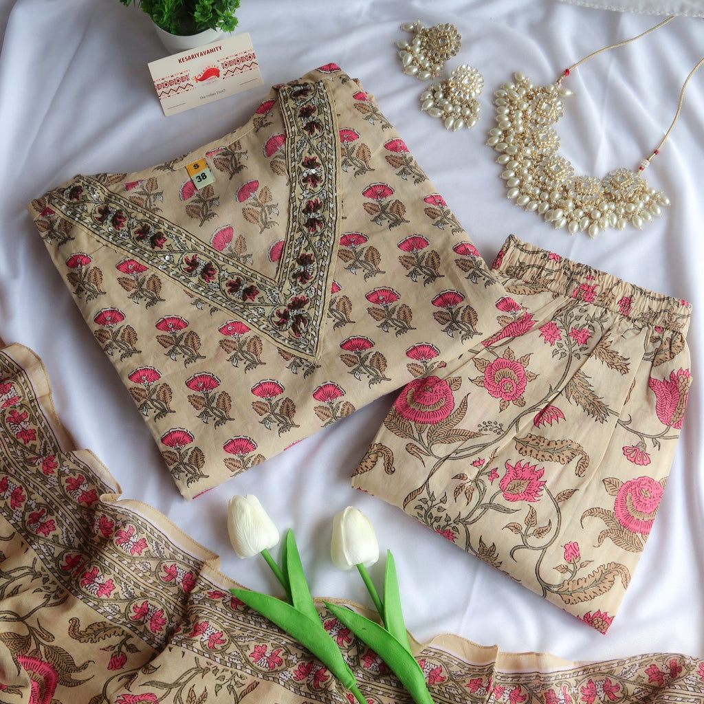 Beige Blooms Gardenia Suit Set - Slim  Fit